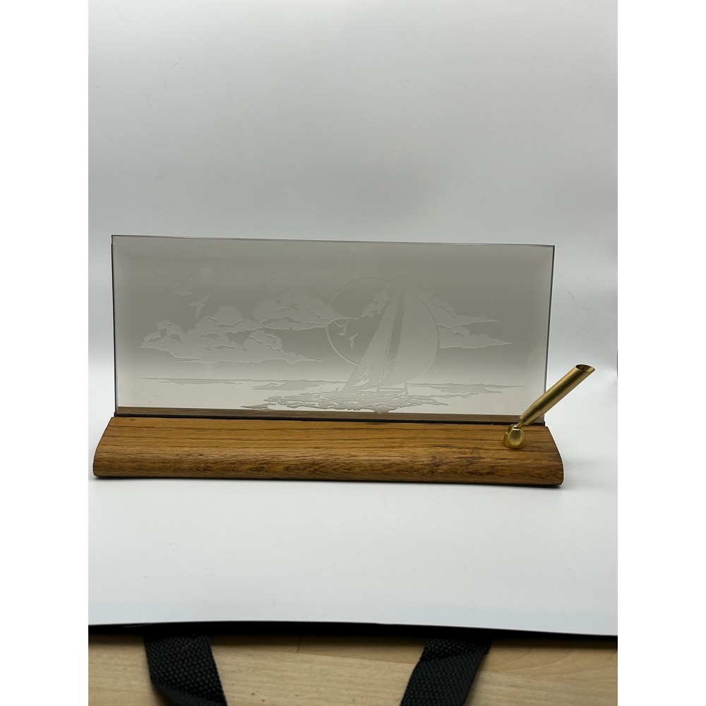 Vintage‎ Etched Sailboat Smoked Glass Desk Organizer Wood Base Brass Pen Holder